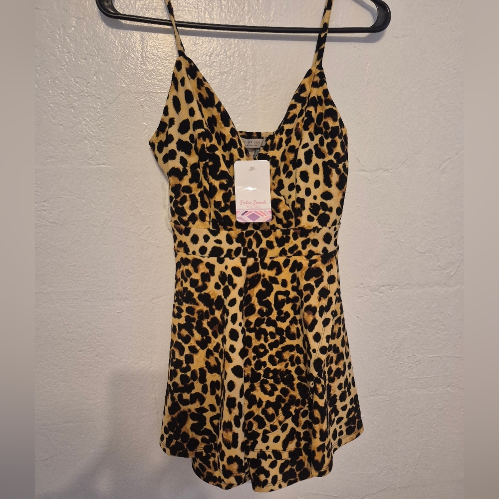 Leopard Print Spaghetti Strap Mini Dress Romper - Yellow Black Size Small